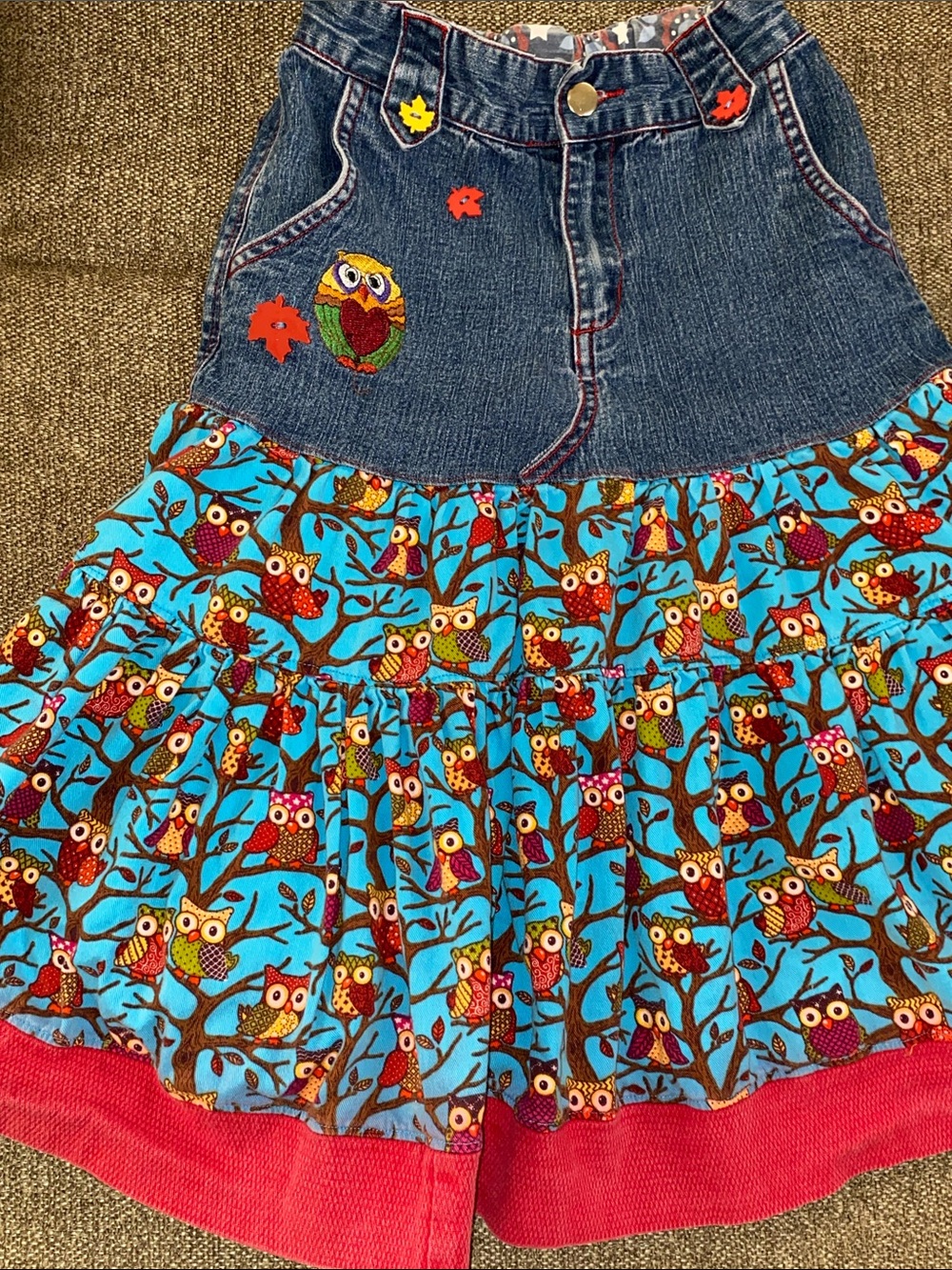 SO 4th adorable Jean twill owl pattern twirl dress so CUTE!! Girls L 10/12 - Picture 2 of 9